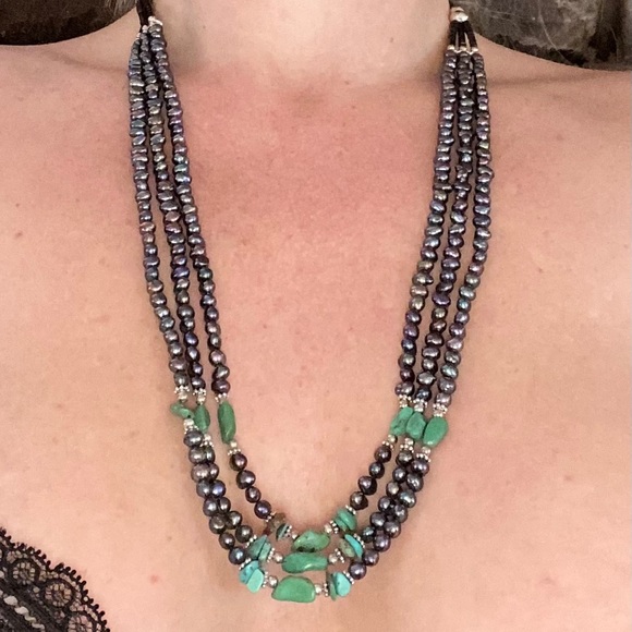Black Freshwater Pearl/Turquoise Necklace - Picture 11 of 12
